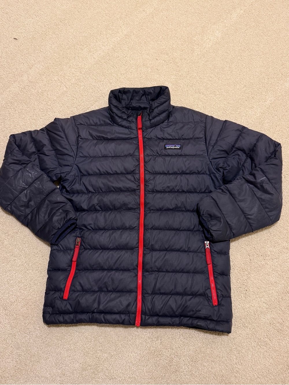 Patagonia kids down sweater puffer Jacket navy with Red Zippers size M(10)